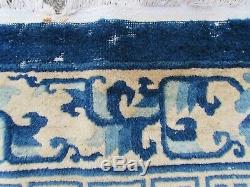 Antique Worn Hand Made Art Deco Chinese Beige Blue Wool Large Carpet 305x245cm