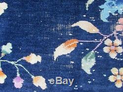 Antique Worn Hand Made Art Deco Chinese Blue Gold Wool Large Carpet 291x213cm