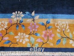 Antique Worn Hand Made Art Deco Chinese Blue Gold Wool Large Carpet 291x213cm