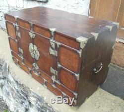 Antique burr elm & brass Chinese Korean CHEST large box cabinet coffee table