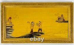 Antique c1900 Large Chinese Oil PaintingGold Gilt FrameLandscape with Figures