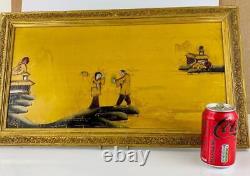 Antique c1900 Large Chinese Oil PaintingGold Gilt FrameLandscape with Figures