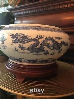 Antique chinese porcelain large bowl plant pot planter with wood stand