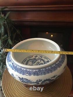 Antique chinese porcelain large bowl plant pot planter with wood stand