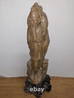 Antique large early 20th C Chinese carved soapstone figure of a fisherman 14