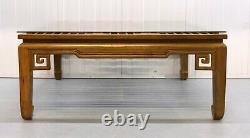Beautiful Large Square Chinese Teak Coffee Table With Glass Top & Hoof Feet
