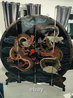 Black Lacquer Chinese Carved Screen Room Divider With Dragons heavy and large