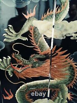 Black Lacquer Chinese Carved Screen Room Divider With Dragons heavy and large