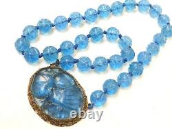 CHINESE VINTAGE / antique BLUE CARVED PEKING GLASS BEADS NECKLACE Large Pendant