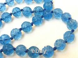 CHINESE VINTAGE / antique BLUE CARVED PEKING GLASS BEADS NECKLACE Large Pendant