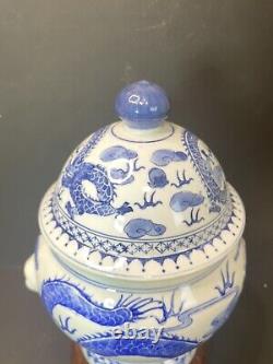 Chinese Blue White Porcelain Large Temple Jar Dragons Buddha Face Handles Unique