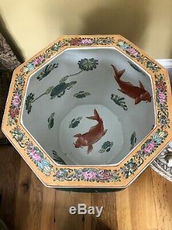 Chinese Butterfly & Koi Famille Rose Porcelain Fish Bowl Planter Stand Large
