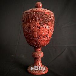 Chinese Cinnabar Vase 19th Century Red Lacquer Hand Carved Large Urn 12 Tall