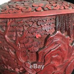 Chinese Cinnabar Vase 19th Century Red Lacquer Hand Carved Large Urn 12 Tall