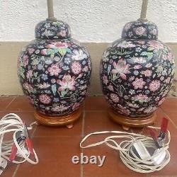 Chinese Cloisonné Famille Noir Table Lamps Fine Antique Pair Large