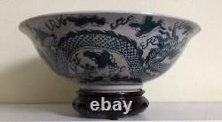 Chinese Crackle Glaze Large Bowl With Dragons Signed