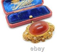 Chinese Export Sterling Silver Gilt & Large Cabochon Carnleian Brooch Antique