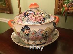 Chinese Export Tobacco Leaf Large Tureen 3 pc Set