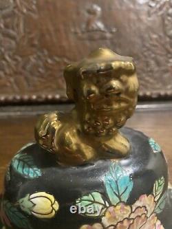 Chinese Famille Noir Large Ovoid Jar With Dog Of Fo Lid Qianlong Mark To Base