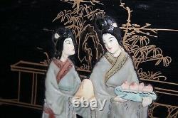 Chinese Japanese Wood Panel Mother Of Pearl Women Children Large