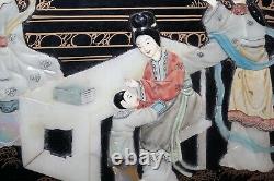 Chinese Japanese Wood Panel Mother Of Pearl Women Children Large