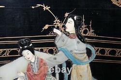 Chinese Japanese Wood Panel Mother Of Pearl Women Children Large