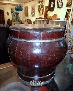 Chinese Lacquer Rice Barrel Very Large Wood & Brass Antique