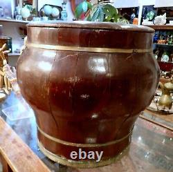 Chinese Lacquer Rice Barrel Very Large Wood & Brass Antique