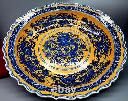 Chinese Large Dish Yellow Background Blue Dragon Pattern Oriental Collection