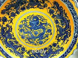 Chinese Large Dish Yellow Background Blue Dragon Pattern Oriental Collection