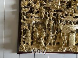 Chinese Large Old Carve And Gilt Warriors Battle Scene Panel 52 Inches