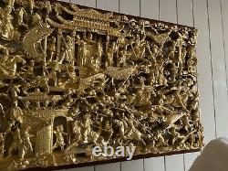 Chinese Large Old Carve And Gilt Warriors Battle Scene Panel 52 Inches