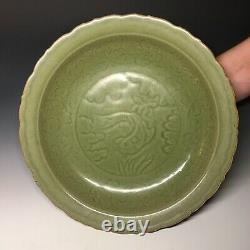 Chinese Longquan Celadon Carved LARGE Stoneware Charger with Fish Ming Platter