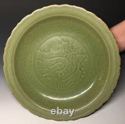 Chinese Longquan Celadon Carved LARGE Stoneware Charger with Fish Ming Platter