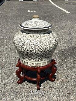 Chinese Pot On Wooden Stand. Large In Size