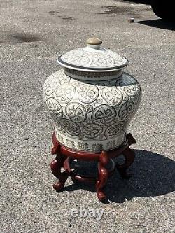 Chinese Pot On Wooden Stand. Large In Size