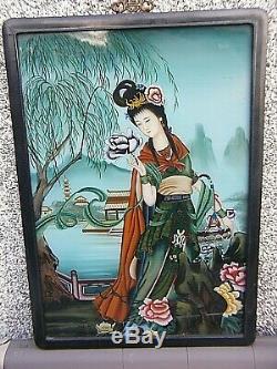 Chinese Reverse Painted Glass Panel Picture Large