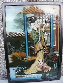 Chinese Reverse Painted Glass Panel Picture Large