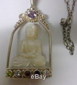 Chinese Signed SAJEN Sterling Silver Hand Carved Buddha Large Pendant Necklace