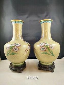 Chinese Vintage Large Cloisonné Vase pair 10.5 Bird Mirrored wooden stands set