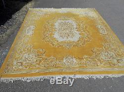 Chinese, large, wool, floral, carpet, 9' x12', room size, large rug, vintage, yellow