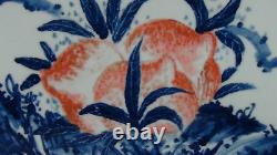 EARLY 20c CHINESE LARGE BLUE&WHITE HAND PAINTED PORCELAIN PLAQUE PEACHES, SIGNED
