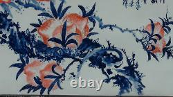 EARLY 20c CHINESE LARGE BLUE&WHITE HAND PAINTED PORCELAIN PLAQUE PEACHES, SIGNED