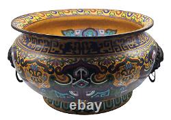 EARLY Chinese Cloisonne Enamel Large Bowl FOO DOG Handles RARE Possibly MING