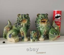 Extra Large 9.5 Inch Antique Pair Chinese Porcelain Foo Dogs Family Of 3