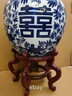 Extra Large Blue & White Signed Ginger Jar & Chinese Hardwood Stand 21 tall