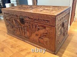 Extra large Chinese Camphor Wood Chest / Blanket Box with profuse carvings