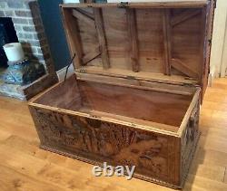 Extra large Chinese Camphor Wood Chest / Blanket Box with profuse carvings