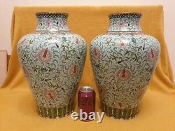 FINE LARGE Pair Of Vintage Antique Chinese Cloisonné Vases Duck Egg Blue