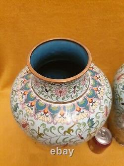 FINE LARGE Pair Of Vintage Antique Chinese Cloisonné Vases Duck Egg Blue